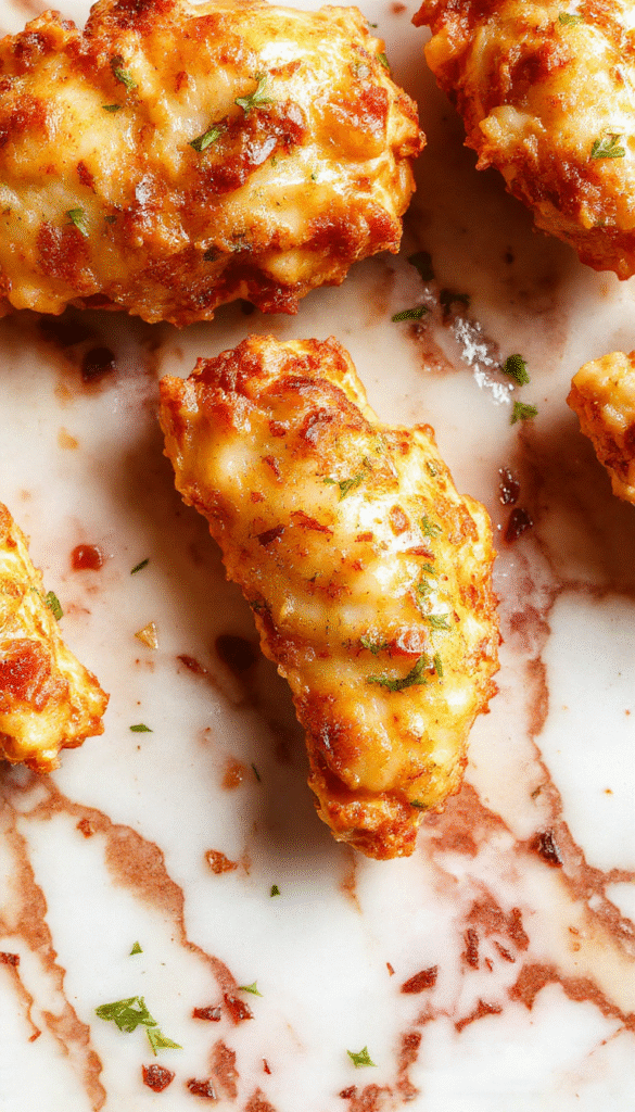 A plate of golden crispy chicken tenders topped with a drizzle of creamy sauce, garnished with fresh herbs, set on a rustic wooden table with vibrant side dishes and a colorful background.