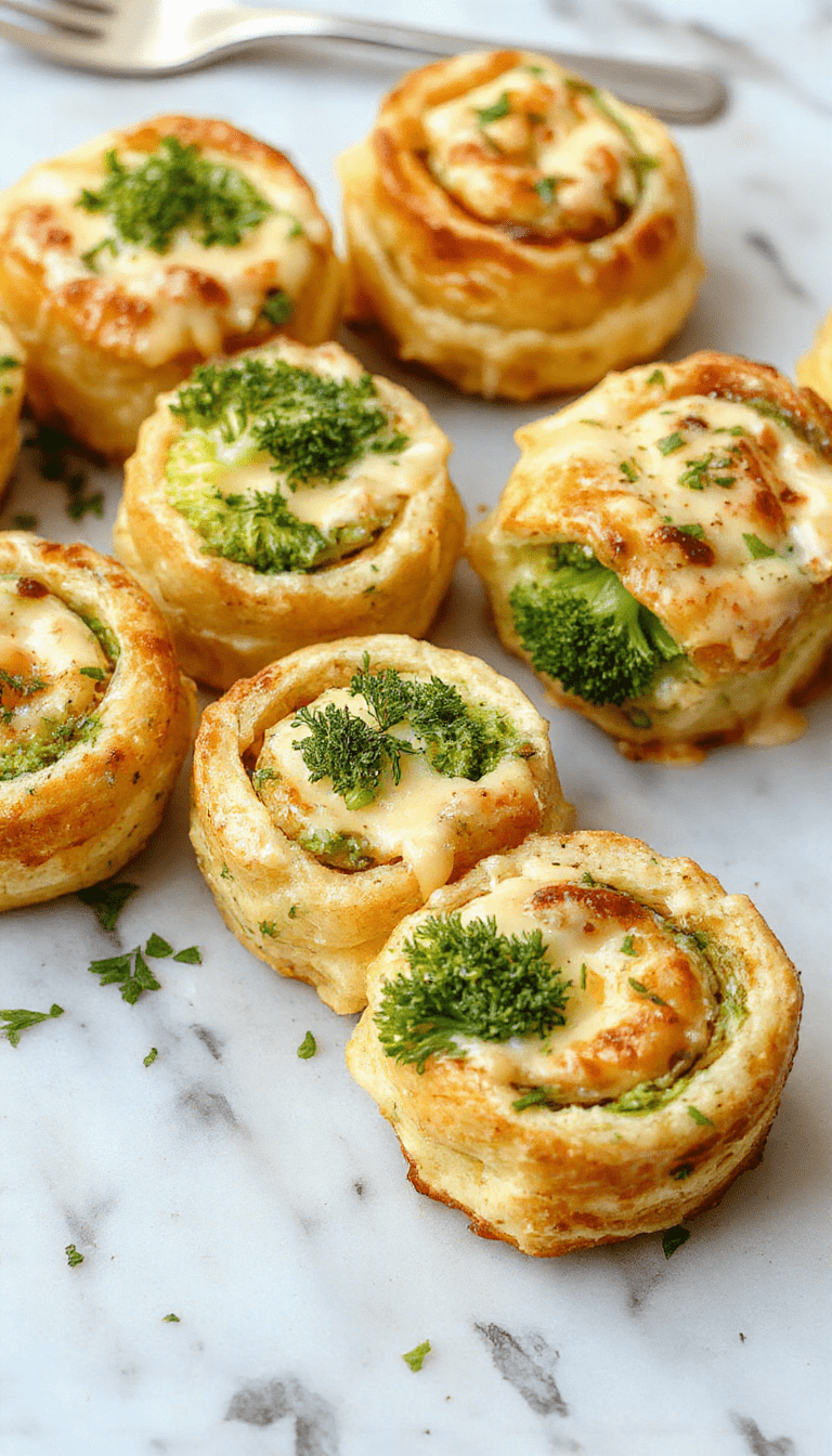 Colorful plate featuring golden-brown broccoli cheese pinwheels sliced to reveal vibrant green broccoli and melted cheese inside, garnished with fresh herbs on a rustic wooden surface with a blurred background