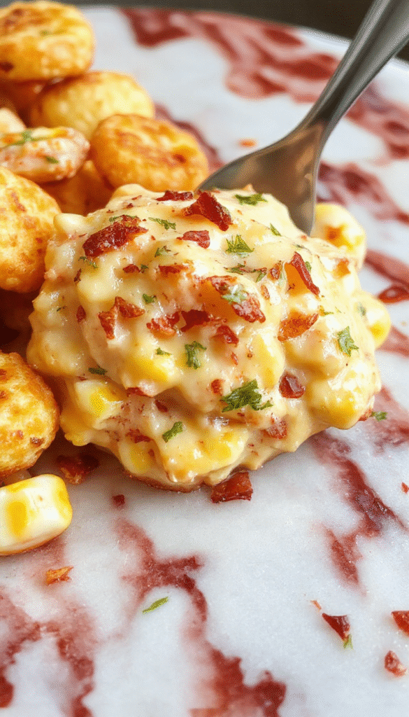 Colorful crack corn dip served in a rustic bowl, topped with shredded cheese, chopped green onions, and served with crispy tortilla chips on a vibrant table setting with a rustic background.
