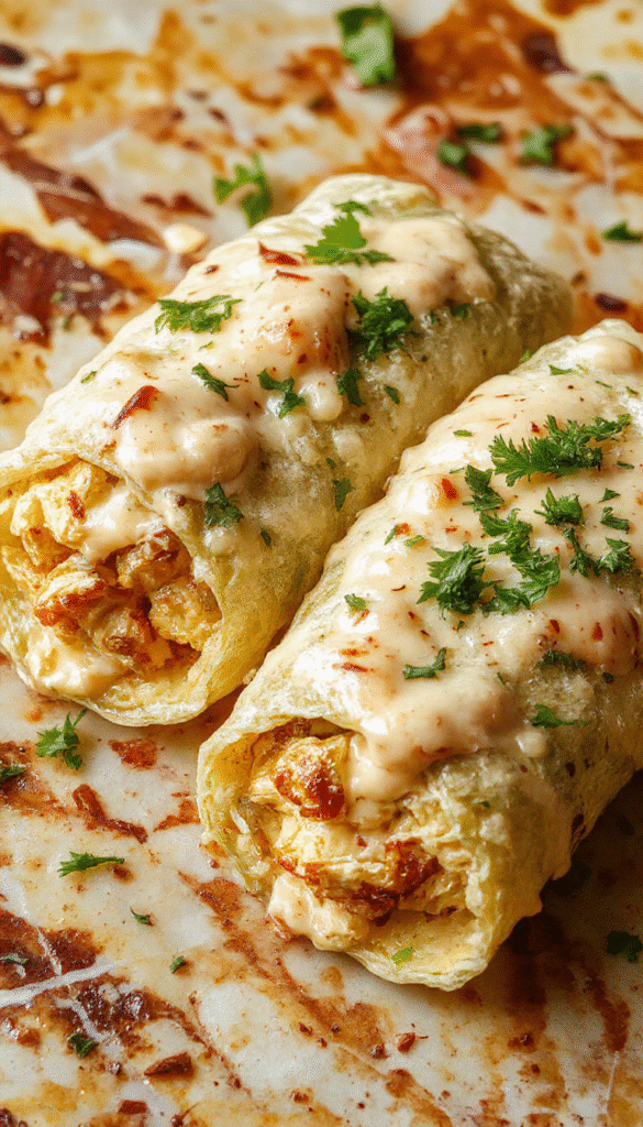 Colorful plate of creamy garlic chicken wraps garnished with fresh herbs, sliced garlic, and melted cheese, arranged neatly on a white platter with a vibrant background.
