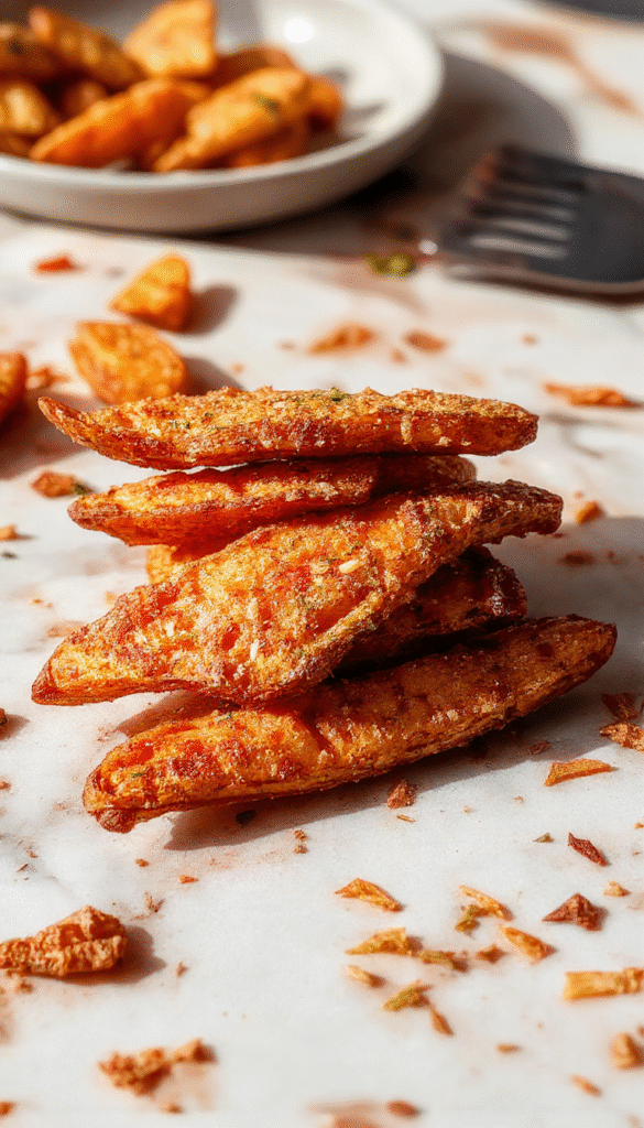 A close-up of golden crispy sweet potato fries arranged on a white plate with a side of fresh green herbs and dipping sauce, top-down view, vibrant orange and golden textures, garnished with parsley, styled on a rustic wooden table.