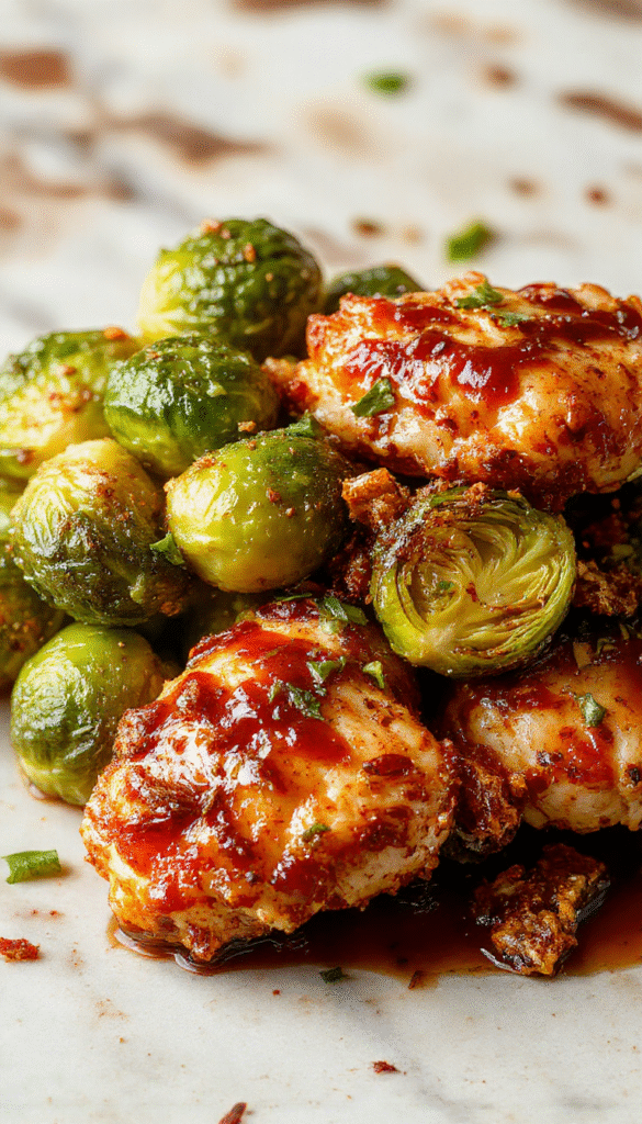 A vibrant plate featuring golden-brown crispy chicken glazed with glossy sweet chili sauce, alongside roasted Brussels sprouts with caramelized edges, garnished with chopped cilantro, on a rustic wooden table with colorful ingredients in the background.