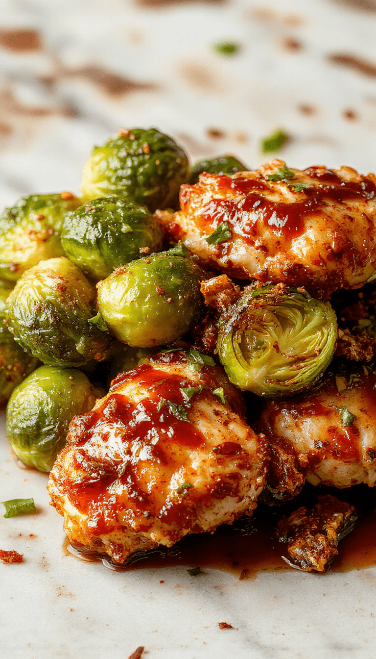 A vibrant plate featuring golden-brown crispy chicken glazed with glossy sweet chili sauce, alongside roasted Brussels sprouts with caramelized edges, garnished with chopped cilantro, on a rustic wooden table with colorful ingredients in the background.