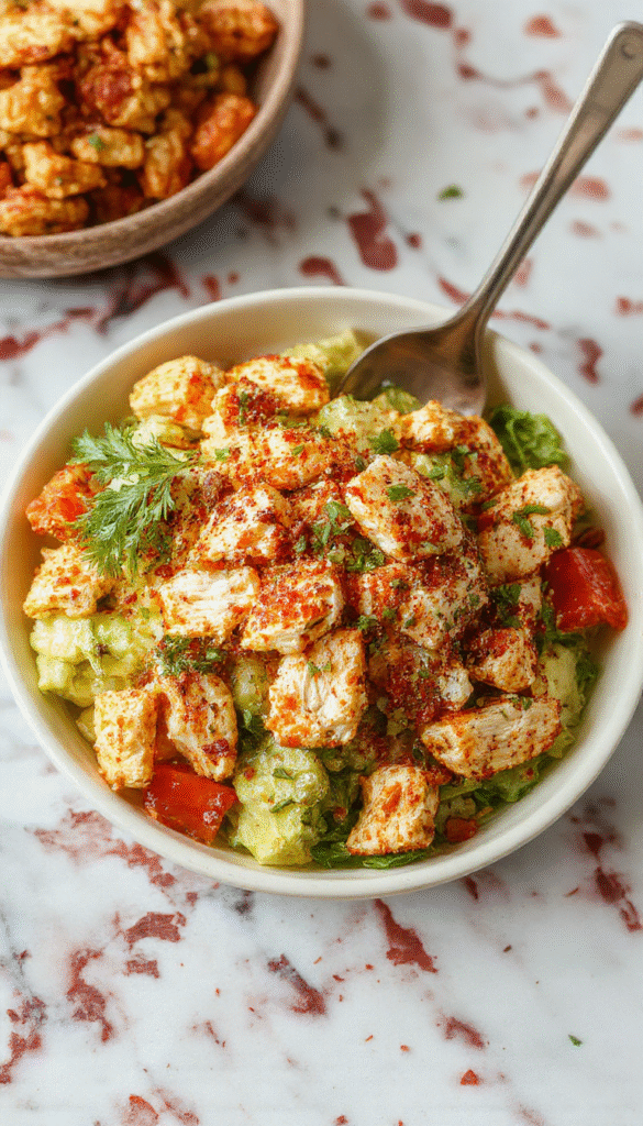 A colorful Asian Chicken Crunch Salad served in a white bowl, featuring shredded chicken, crisp lettuce, vibrant bell peppers, carrots, chopped green onions, toasted sesame seeds, and crunchy noodles, all drizzled with a tangy sesame dressing, styled with fresh herbs and a fork on the side.