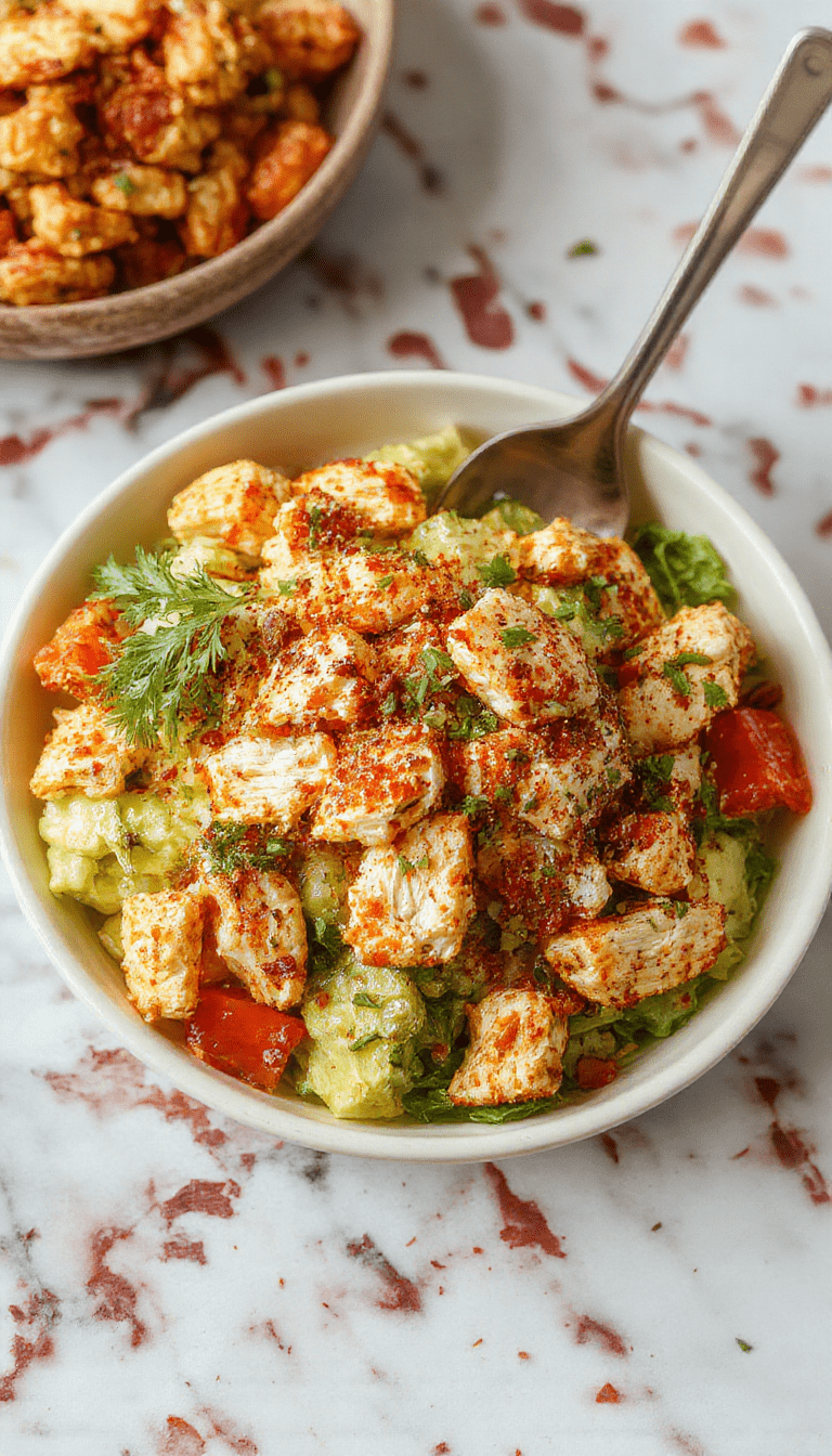 A colorful Asian Chicken Crunch Salad served in a white bowl, featuring shredded chicken, crisp lettuce, vibrant bell peppers, carrots, chopped green onions, toasted sesame seeds, and crunchy noodles, all drizzled with a tangy sesame dressing, styled with fresh herbs and a fork on the side.
