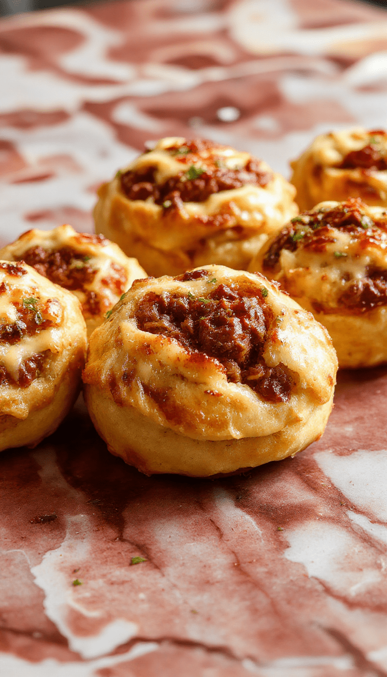 Golden-brown pastry puffs filled with tender pulled beef arranged on a rustic wooden platter, garnished with fresh herbs and accompanied by a dipping sauce, with a background of a neatly set table and natural lighting highlighting the flaky textures.