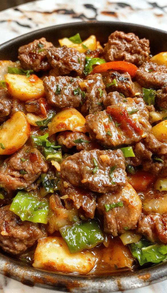 Colorful beef stir fry with vibrant red bell peppers, green broccoli, and orange carrots on a white plate, sliced beef coated in glossy sauce, garnished with sesame seeds and chopped green onions, styled with a wooden background for a fresh and inviting look.