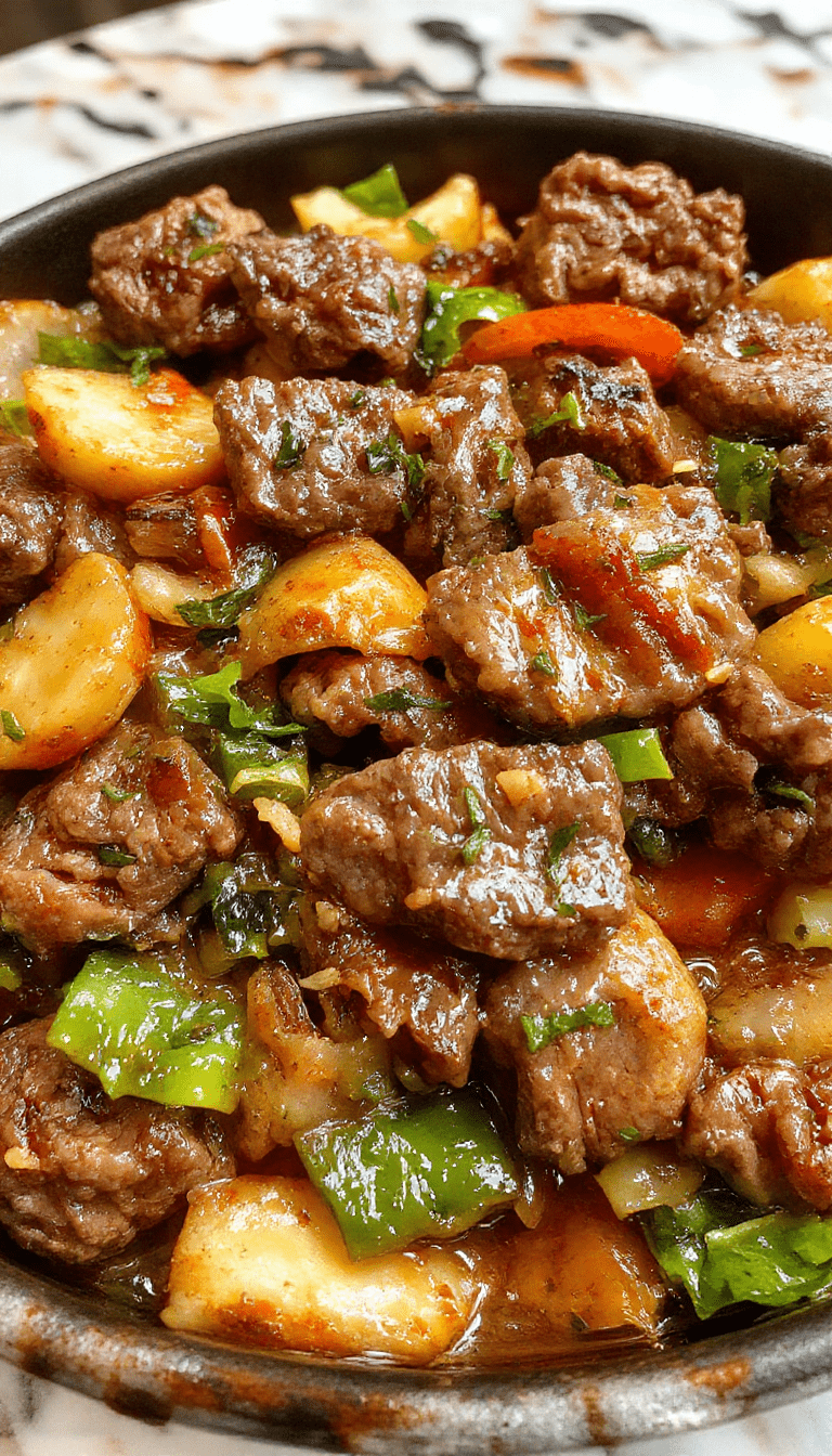 Colorful beef stir fry with vibrant red bell peppers, green broccoli, and orange carrots on a white plate, sliced beef coated in glossy sauce, garnished with sesame seeds and chopped green onions, styled with a wooden background for a fresh and inviting look.