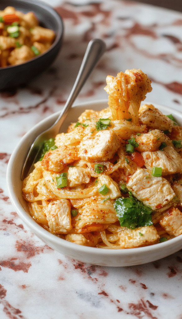 A vibrant plate of chicken chow mein featuring golden-brown sliced chicken, stir-fried vegetables, and glossy noodles garnished with green onions, served on a white ceramic dish with a rustic wooden background.