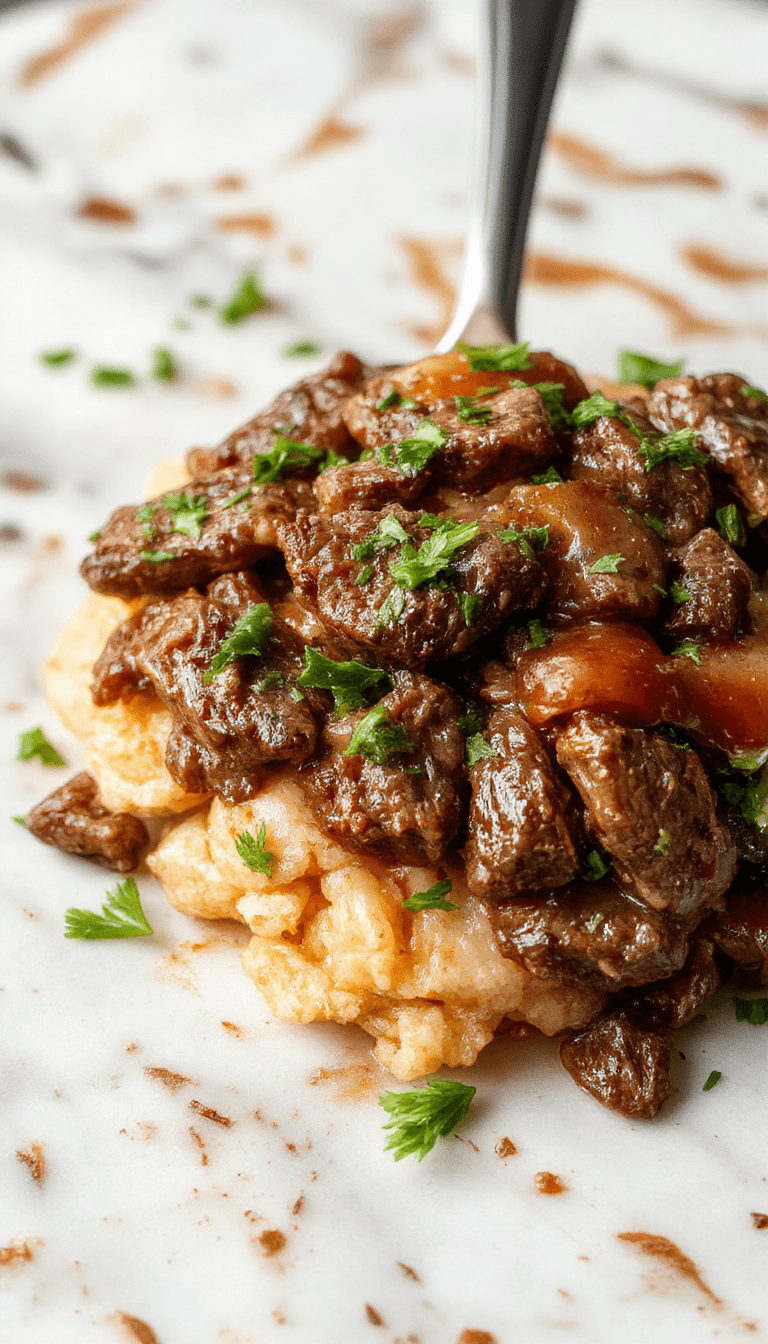 Colorful pepper steak in a rustic bowl, tender beef slices surrounded by vibrant red and green bell peppers, glistening sauce, and garnished with fresh herbs on a wooden table.