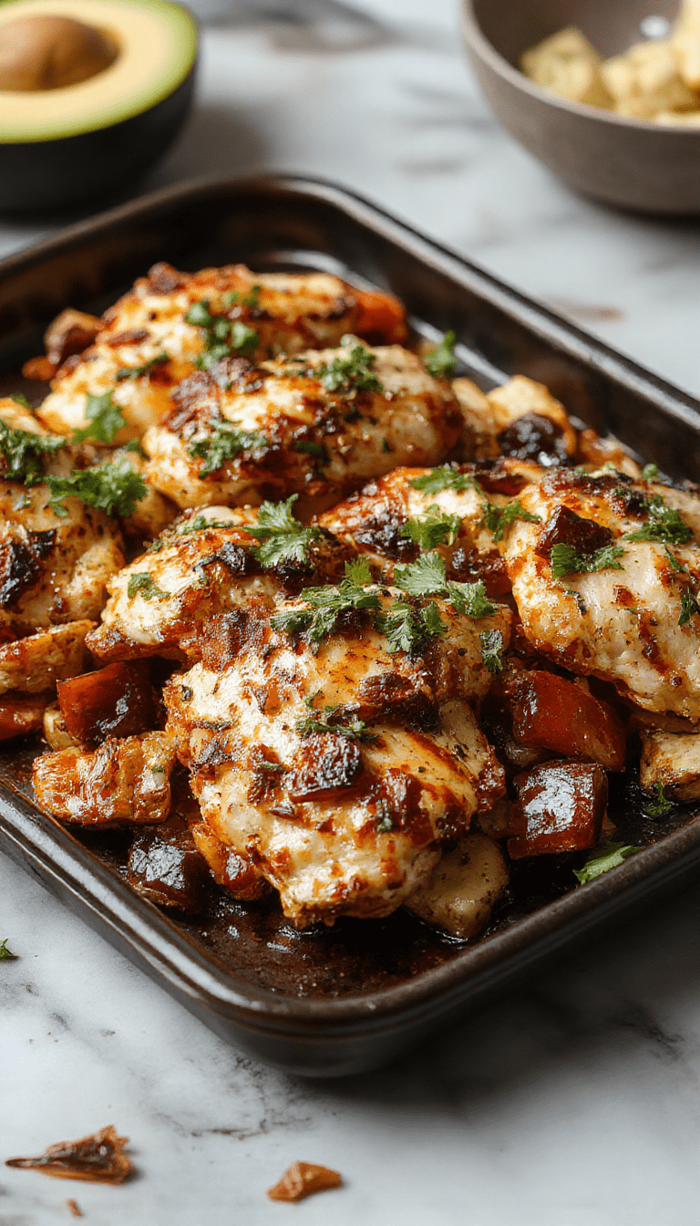 A colorful plated dish featuring sliced grilled chicken, vibrant bell peppers and onions on a rustic white plate, topped with fresh cilantro and lime wedges, with a side of warm tortillas and a garnish of chopped tomatoes and sour cream, styled on a wooden table with natural light highlighting the textures and vivid colors.