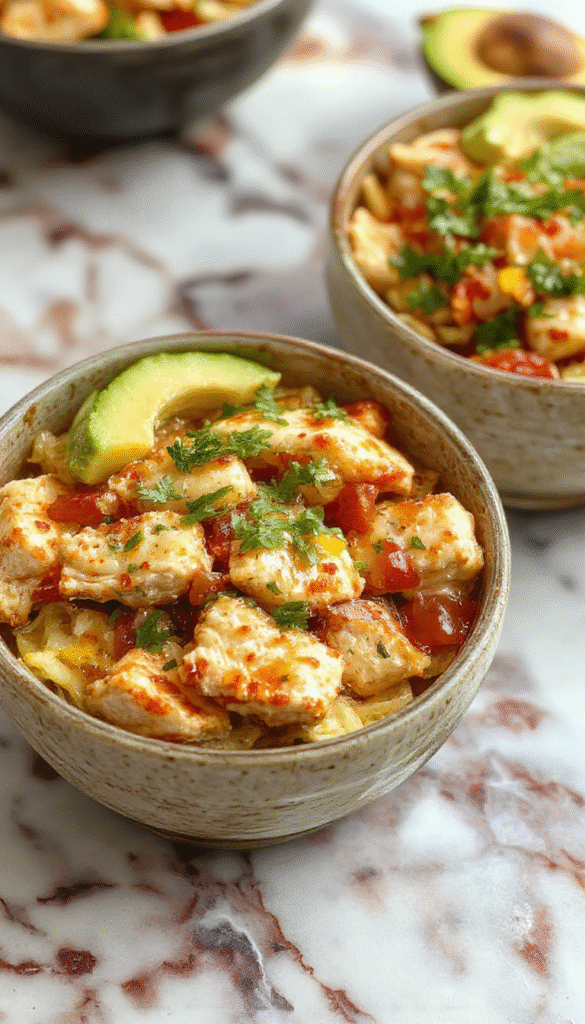 Colorful southwest chicken burrito bowls featuring grilled chicken, fresh diced tomatoes, black beans, corn, and chopped lettuce arranged in vibrant bowls with a lime wedge and cilantro garnish, styled on a rustic wooden surface with a background of Tupperware containers.