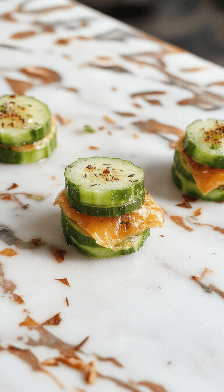 A close-up view of elegant smoked salmon bites arranged on a white platter. Thin cucumber slices are topped with delicate smoked salmon and garnished with fresh herbs and lemon wedges, showcasing vibrant green, orange, and pink colors, with textures of crisp cucumber and silky salmon.