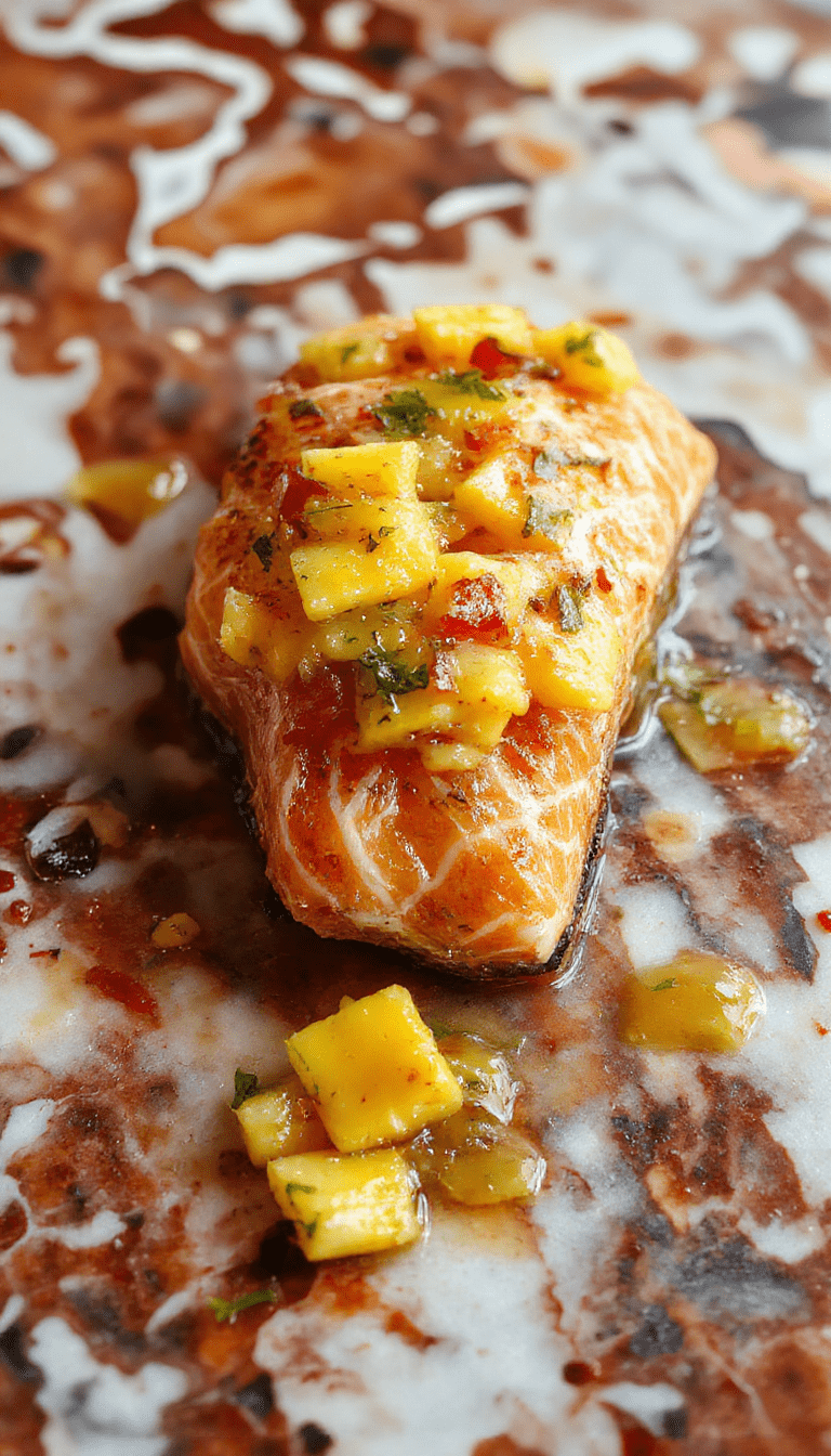 A vibrant plated salmon fillet topped with fresh mango salsa, garnished with cilantro and lime, served on a white plate with a colorful background highlighting the tropical ingredients and textures.