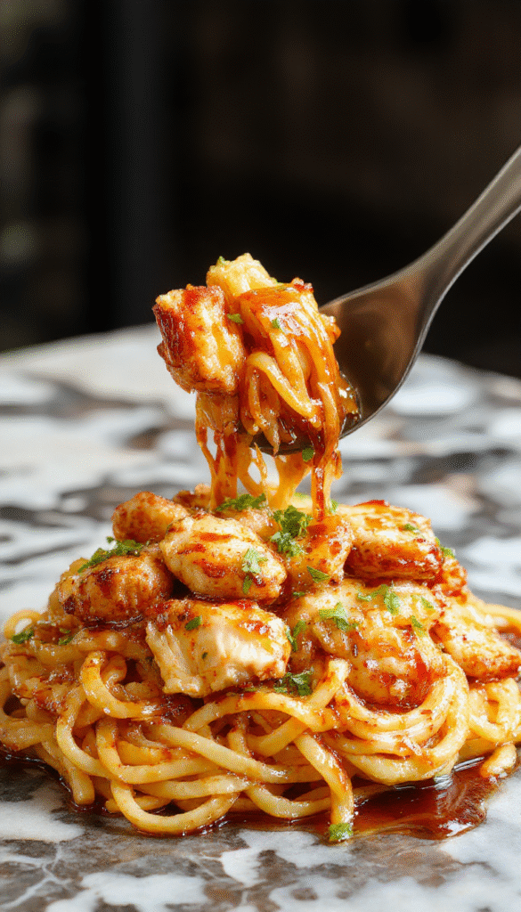 A colorful plate of garlic chicken noodles featuring tender chicken pieces coated in a sticky garlic glaze, garnished with green onions and sesame seeds, served on a white ceramic plate with chopsticks beside it, set against a rustic wooden background with hints of fresh garlic and chili flakes.