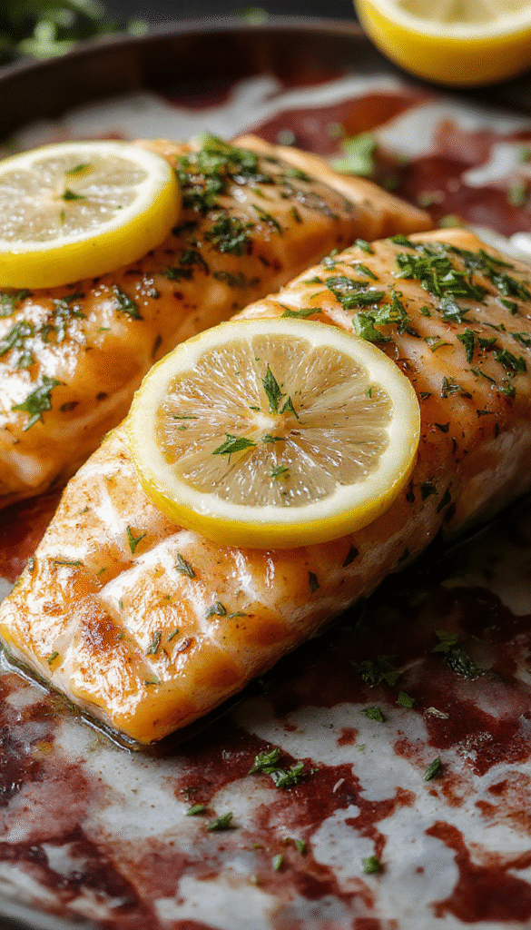 A beautifully plated air fryer salmon fillet with a golden, crispy skin, garnished with lemon slices and fresh herbs on a white ceramic plate with a light background.