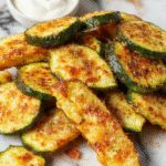 Colored zucchini fries arranged on a white plate, crispy golden-brown with a crunchy texture, garnished with fresh herbs, styled with a sprinkle of Parmesan cheese, and served alongside a small bowl of dipping sauce.