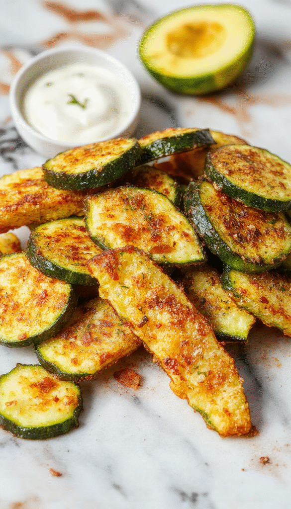 Colored zucchini fries arranged on a white plate, crispy golden-brown with a crunchy texture, garnished with fresh herbs, styled with a sprinkle of Parmesan cheese, and served alongside a small bowl of dipping sauce.