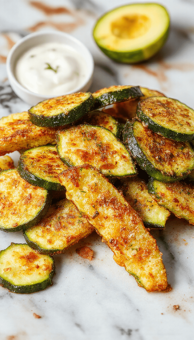 Colored zucchini fries arranged on a white plate, crispy golden-brown with a crunchy texture, garnished with fresh herbs, styled with a sprinkle of Parmesan cheese, and served alongside a small bowl of dipping sauce.