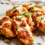 Colorful plate of golden-brown baked chicken strips drizzled with vibrant buffalo ranch sauce, garnished with fresh chopped herbs, styled on a rustic wooden surface with a side of crisp celery sticks and blue cheese dressing, showcasing a healthy, appetizing presentation with textures of crispy coating and tender chicken