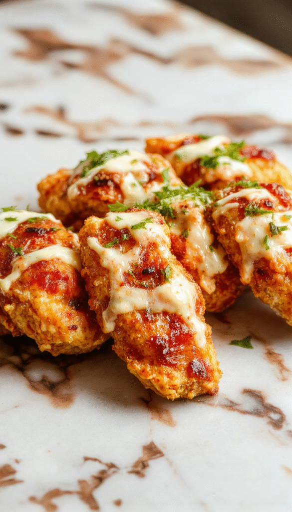 Colorful plate of golden-brown baked chicken strips drizzled with vibrant buffalo ranch sauce, garnished with fresh chopped herbs, styled on a rustic wooden surface with a side of crisp celery sticks and blue cheese dressing, showcasing a healthy, appetizing presentation with textures of crispy coating and tender chicken