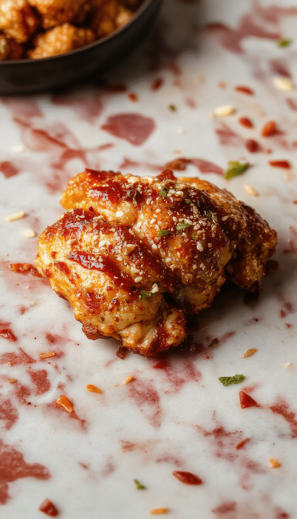 A vibrant plate of healthy sesame chicken featuring golden-brown chicken pieces coated in a glossy sesame sauce, garnished with toasted sesame seeds and chopped green onions. The dish is artistically plated on a white ceramic plate, with a side of steamed vegetables and a drizzle of sauce, set against a neutral background with natural lighting emphasizing the textures and colors.