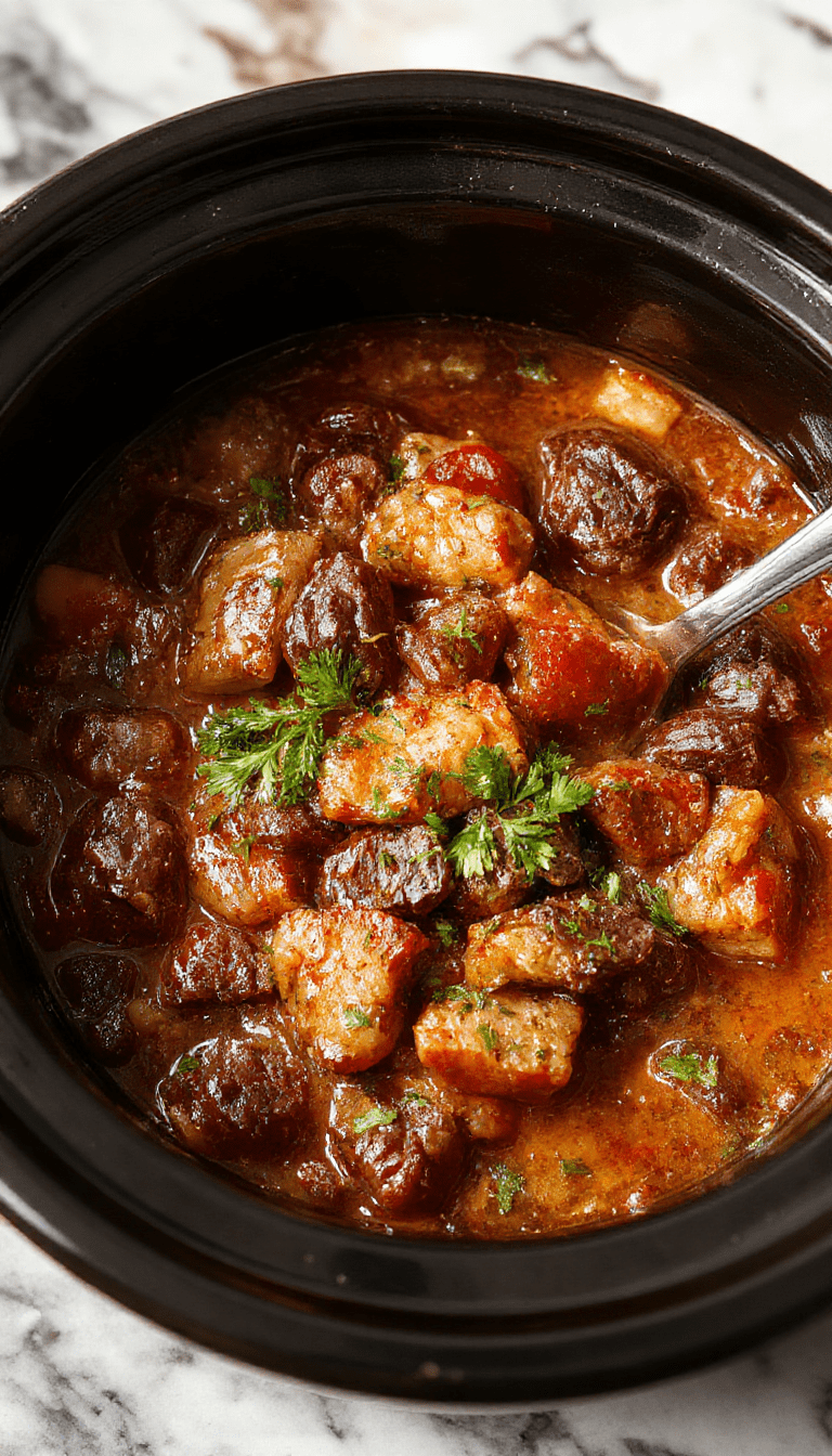 A rustic bowl of Crock Pot Poor Man's Stew featuring tender chunks of beef, vibrant carrots, potatoes, and celery, all simmered to perfection, garnished with fresh herbs, presented on a wooden table with a cozy fall background.
