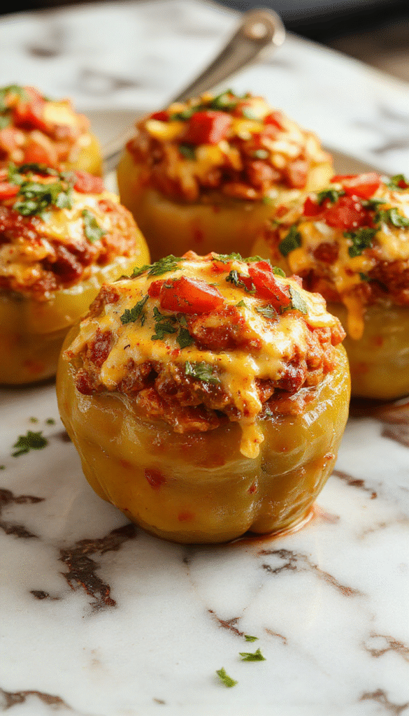 Colorful bell peppers stuffed with seasoned taco filling, topped with melted cheese, garnished with fresh cilantro and diced tomatoes, plated on a white dish with a rustic wooden background, vibrant and appetizing visual