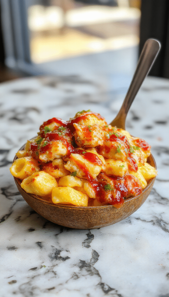 A close-up shot of a creamy mac and cheese dish topped with succulent honey BBQ chicken pieces, garnished with chopped green herbs and a drizzle of sauce. The dish is served in a rustic bowl, highlighting the golden melted cheese and the crispy, glazed chicken with a glossy honey BBQ glaze. The vibrant colors and textures emphasize the hearty, comforting nature of this high-protein meal.