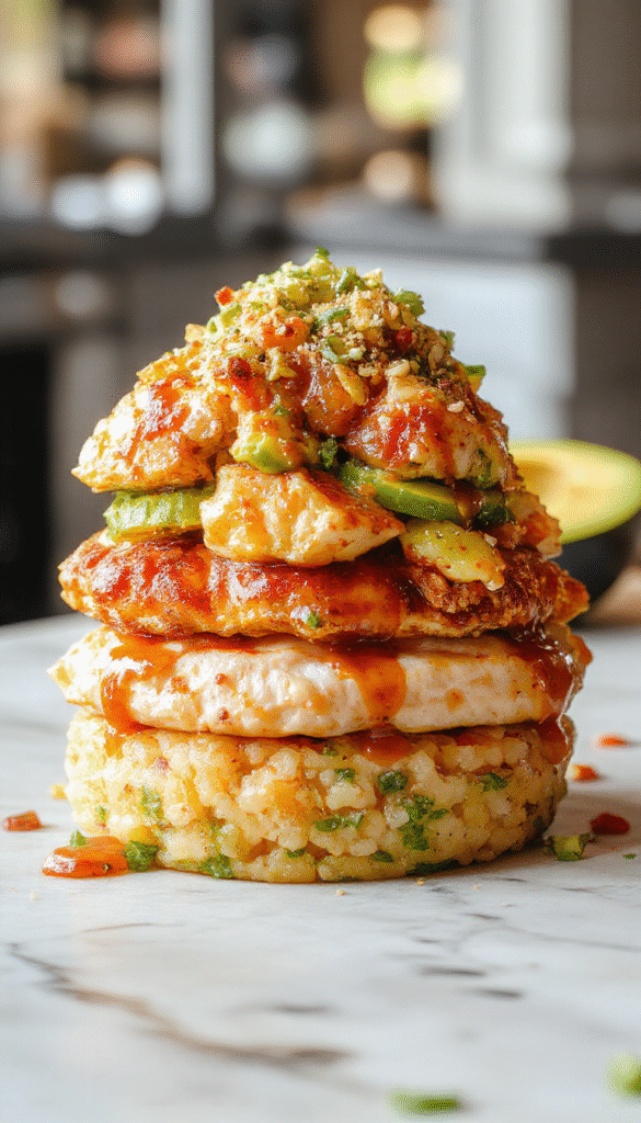 Colorful honey lime chicken layered with fresh avocado slices on a bed of fluffy rice, garnished with lime wedges, cilantro, and drizzled with honey, styled on a white plate with vibrant ingredients.