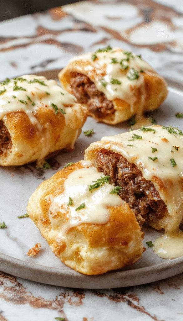 A close-up of golden brown keto Philly cheesesteak rolls arranged on a rustic wooden platter, stuffed with melted cheese, sautéed peppers and thinly sliced beef, garnished with fresh herbs, showcasing crispy edges and juicy fillings.