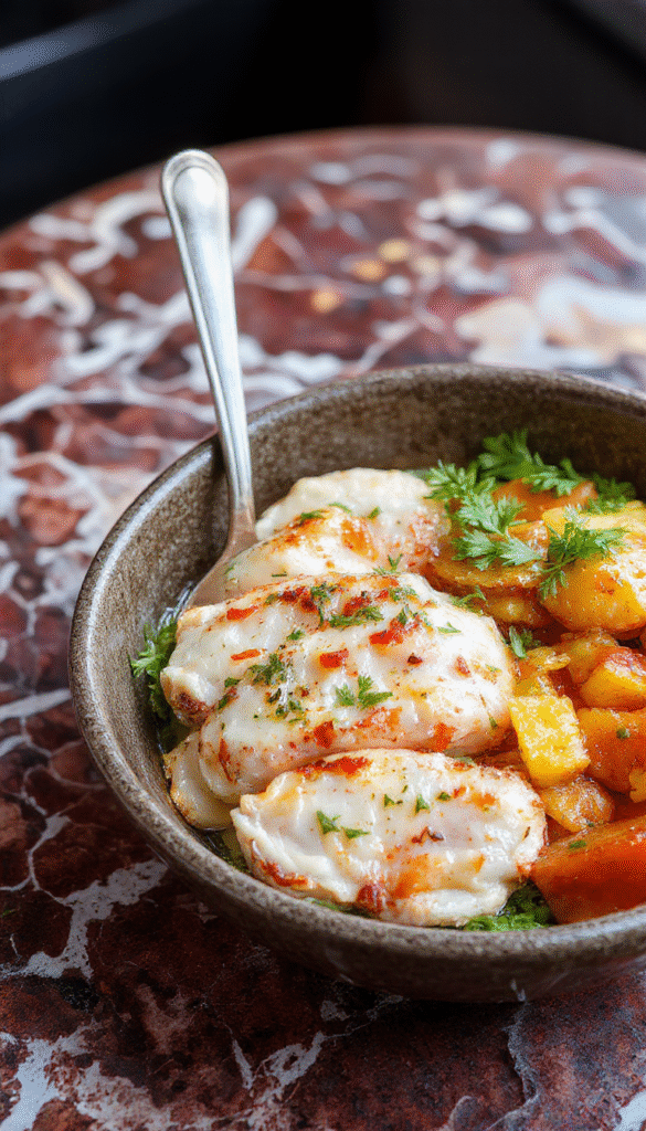 A vibrant Mediterranean chicken bowl featuring grilled chicken strips, colorful cherry tomatoes, cucumber slices, kalamata olives, and crumbled feta cheese arranged on a rustic white plate with fresh herbs and a drizzle of olive oil, complemented by lemon wedges and a side of warm pita bread.