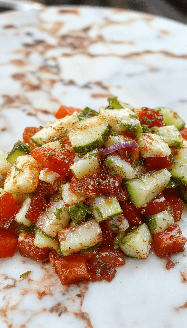 A vibrant Mediterranean salad featuring sliced cucumber, juicy red tomatoes, and thinly sliced red onions arranged in a rustic white bowl. The colorful ingredients are drizzled with olive oil and sprinkled with fresh herbs, showcasing textures from crisp vegetables to shiny dressing, styled with a Mediterranean-inspired backdrop and natural lighting.