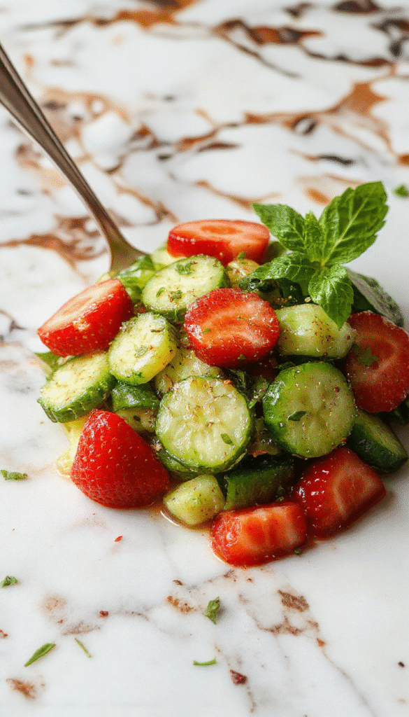 A vibrant bowl of cucumber and strawberry salad showcasing bright red strawberries and crisp green cucumber slices, garnished with fresh mint on a light wooden table, styled for a fresh summer look with natural lighting.