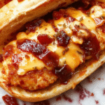 A plate featuring a juicy chicken breast topped with crispy bacon, melted cheddar cheese, and a rich barbecue sauce drizzle. The dish is garnished with chopped green onions, served alongside colorful roasted vegetables on a rustic wooden platter, with a side of crispy potato wedges. The vibrant colors and textures highlight the indulgent flavors and hearty presentation.