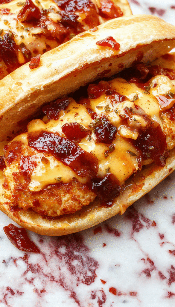 A plate featuring a juicy chicken breast topped with crispy bacon, melted cheddar cheese, and a rich barbecue sauce drizzle. The dish is garnished with chopped green onions, served alongside colorful roasted vegetables on a rustic wooden platter, with a side of crispy potato wedges. The vibrant colors and textures highlight the indulgent flavors and hearty presentation.