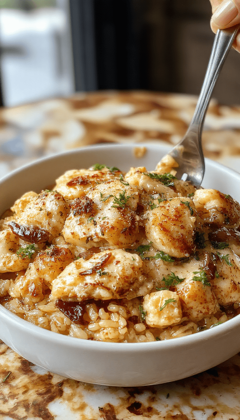 A close-up of a bubbling French Onion Chicken Orzo Casserole served in a white ceramic dish, topped with melted cheese and caramelized onions, garnished with fresh herbs, with a rustic wooden background and a spoon on the side.