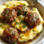 A close-up of juicy Salisbury steak meatballs topped with a rich gravy, surrounded by fluffy garlic herb mashed potatoes garnished with fresh herbs, presented on a rustic white plate with a spoon and a sprig of thyme, vibrant and inviting.