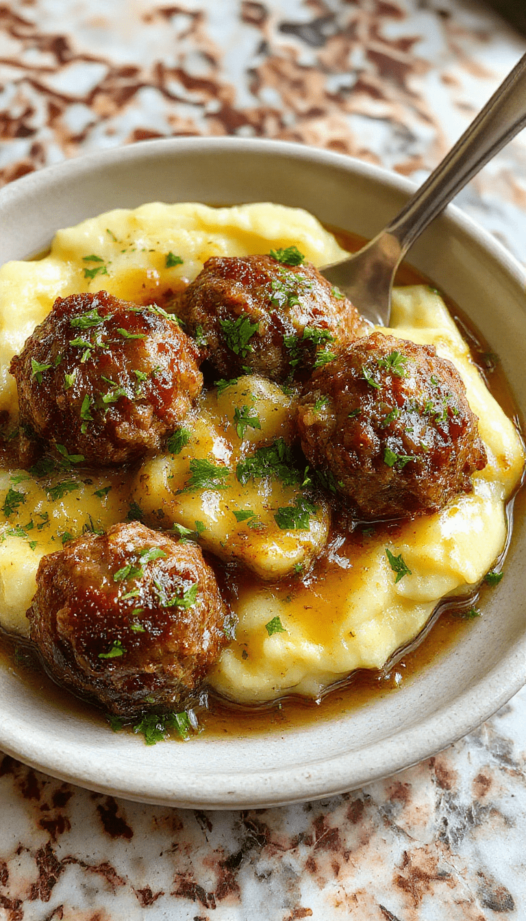 A close-up of juicy Salisbury steak meatballs topped with a rich gravy, surrounded by fluffy garlic herb mashed potatoes garnished with fresh herbs, presented on a rustic white plate with a spoon and a sprig of thyme, vibrant and inviting.