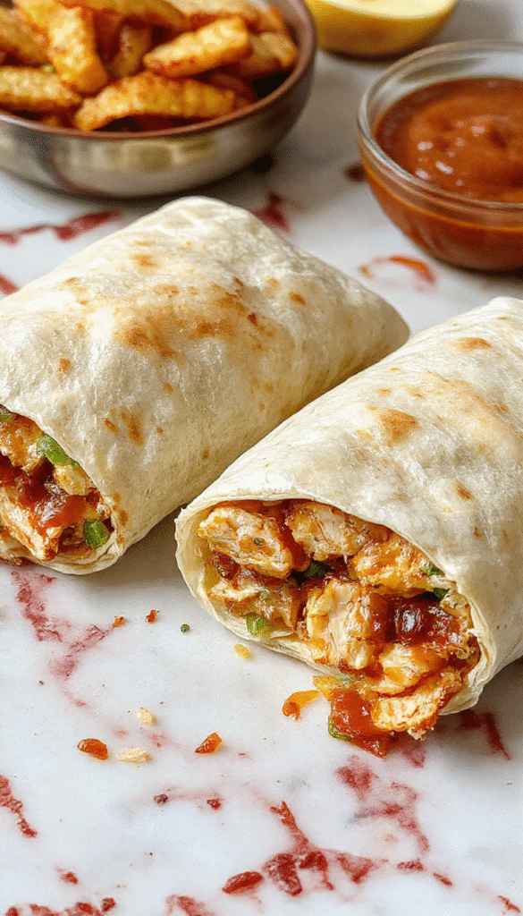 Colorful close-up of chicken wraps featuring golden-brown grilled chicken coated in glossy sweet chili sauce, wrapped in fresh lettuce and colorful vegetables on a rustic wooden plate.