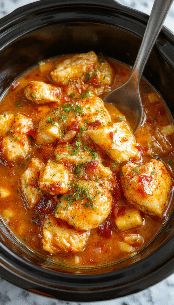 A vibrant plate of shredded sweet Hawaiian crockpot chicken garnished with green onions, served alongside fluffy rice and fresh tropical fruits, with a glossy, caramelized glaze on the chicken, styled on a rustic wooden table with tropical decor in the background.