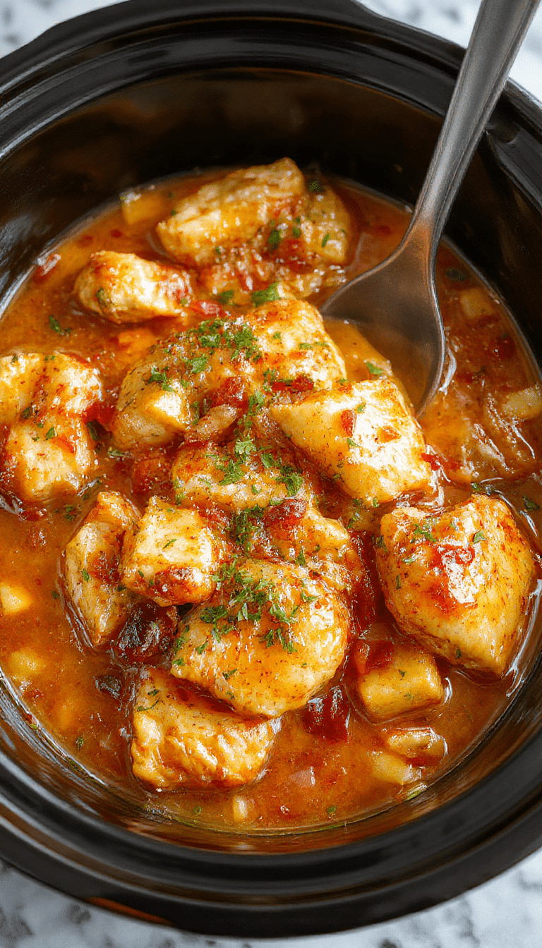 A vibrant plate of shredded sweet Hawaiian crockpot chicken garnished with green onions, served alongside fluffy rice and fresh tropical fruits, with a glossy, caramelized glaze on the chicken, styled on a rustic wooden table with tropical decor in the background.