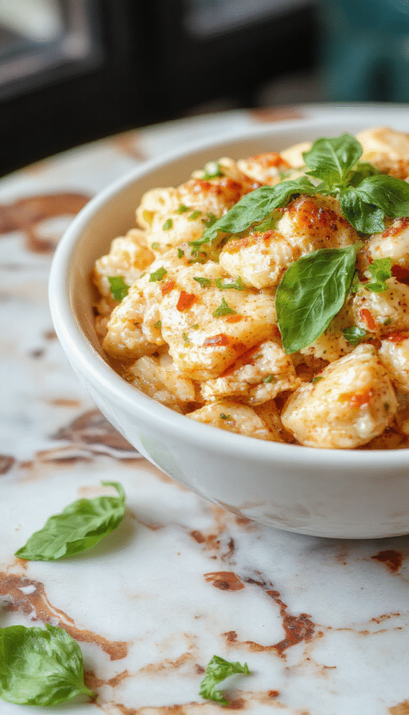 A vibrant plate of Thai Basil Chicken showcasing tender chicken pieces coated in a savory sauce, topped with fresh green Thai basil leaves. The dish is beautifully plated with colorful bell peppers and onions, garnished with chopped herbs, highlighting the glossy textures and vivid colors. The background features a rustic wooden table with a sprinkle of chili flakes and lime wedges for a lively, appetizing presentation.