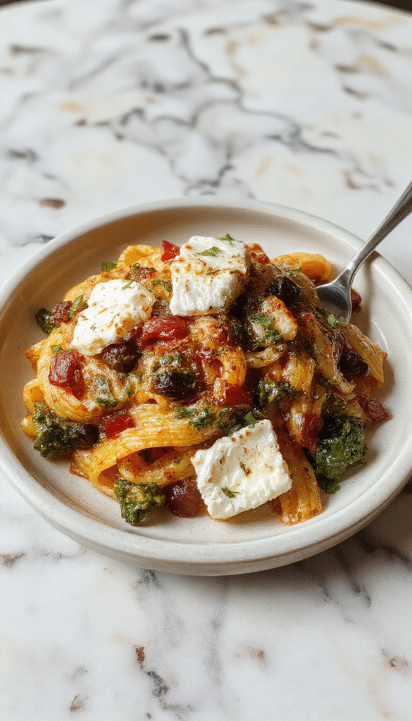 A vibrant plate of veggie pasta topped with crumbly baked feta cheese, colorful cherry tomatoes, fresh basil leaves, and a drizzle of olive oil on a rustic wooden table, garnished with black pepper and herbs, capturing a fresh and inviting meal.