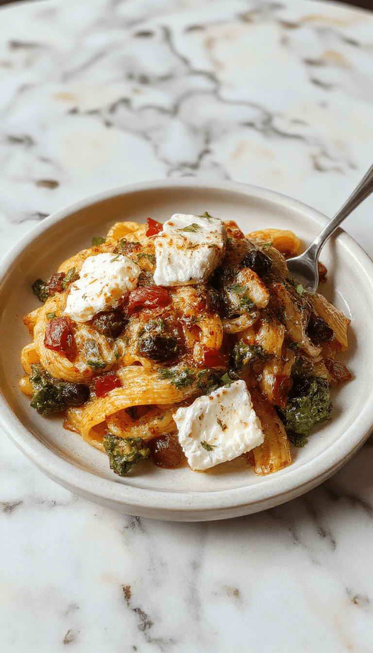A vibrant plate of veggie pasta topped with crumbly baked feta cheese, colorful cherry tomatoes, fresh basil leaves, and a drizzle of olive oil on a rustic wooden table, garnished with black pepper and herbs, capturing a fresh and inviting meal.