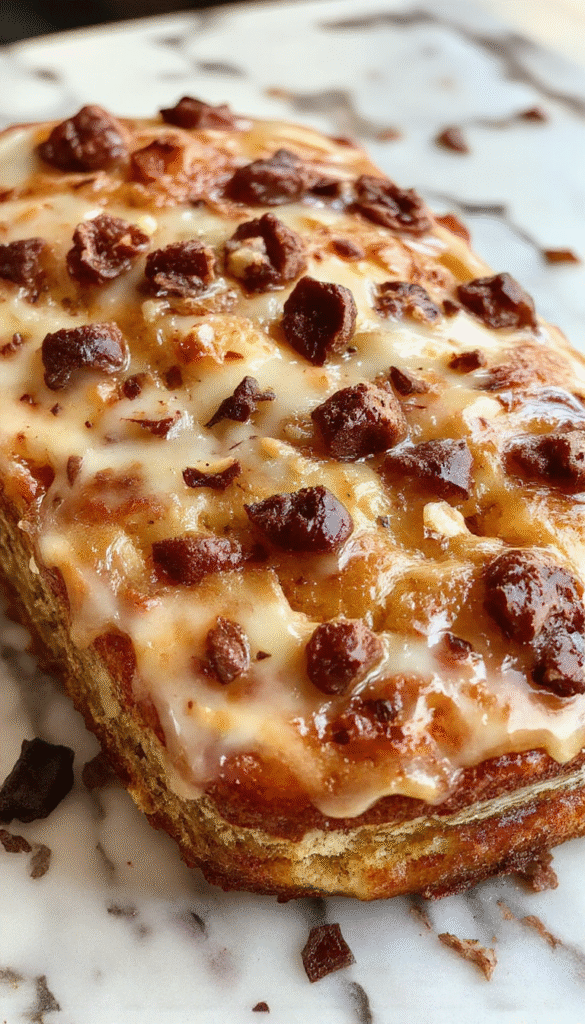 A golden-brown banana bread loaf topped with banana slices and a light dusting of powdered sugar, placed on a rustic wooden table with a background of fresh bananas and a hint of greenery, showcasing a moist texture and inviting appearance