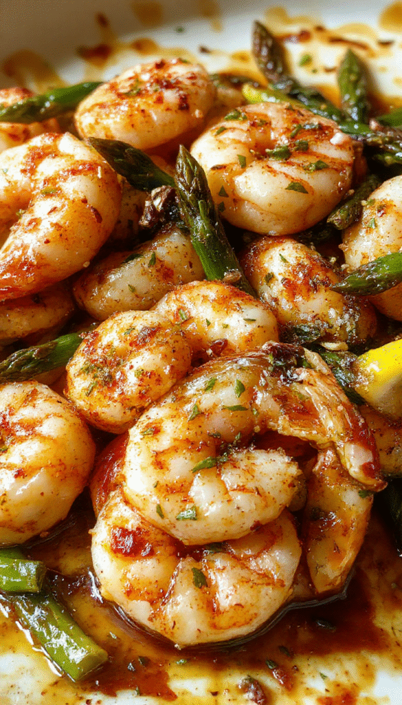 A vibrant plate of lemon garlic shrimp sitting atop bright green asparagus on a rustic white platter. The shrimp are glistening with a lemon butter sauce, garnished with fresh parsley. The asparagus is tender yet crisp, contrasting beautifully with the succulent shrimp, all styled with a fresh lemon wedge and a sprig of parsley for a colorful, appetizing presentation.